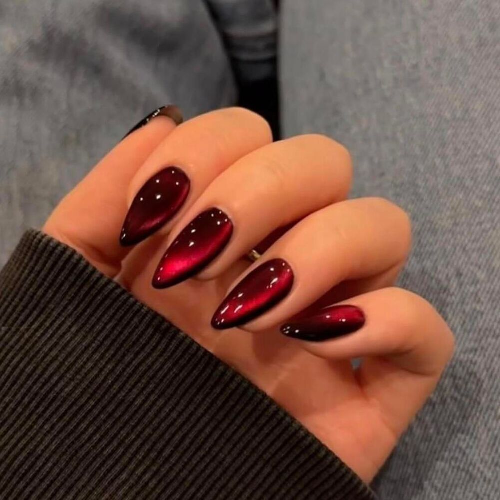 Burgundy and Red Cateye Nails